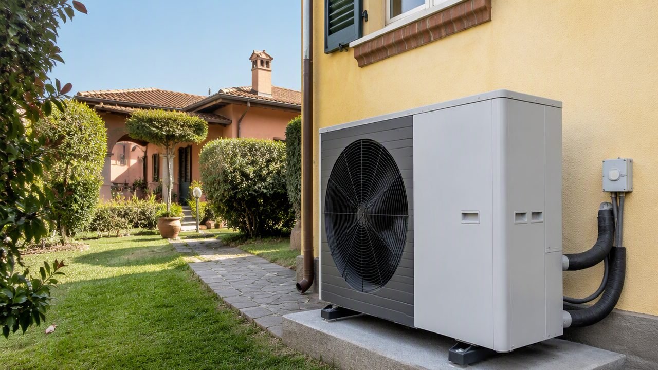 Pompa di calore installata accanto a una villetta